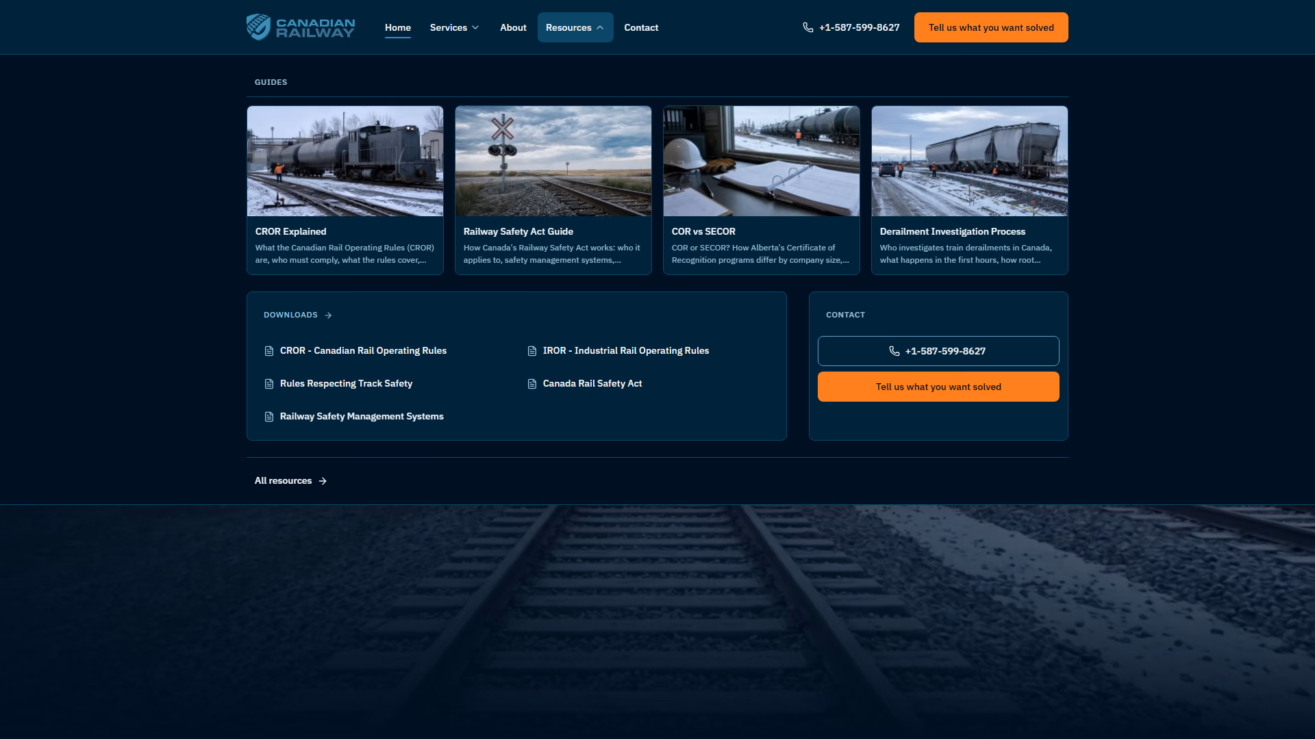 Canadian Railway Solutions resources mega menu with guides and downloads (desktop)